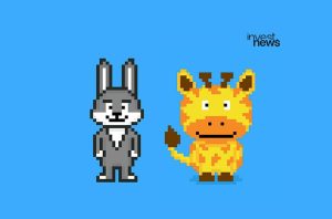 Pixel art de coelho cinza e girafa amarela em fundo azul.