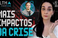 Mulher surpresa e foto de homem com texto "MAIS IMPACTOS DA CRISE". Fundo com gráficos e setas vermelhas para baixo.