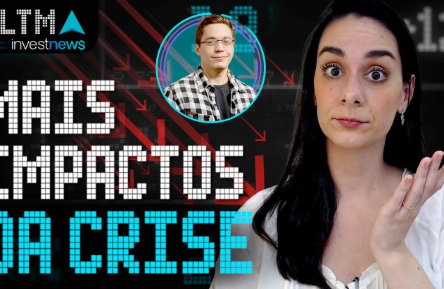 Mulher surpresa e foto de homem com texto "MAIS IMPACTOS DA CRISE". Fundo com gráficos e setas vermelhas para baixo.