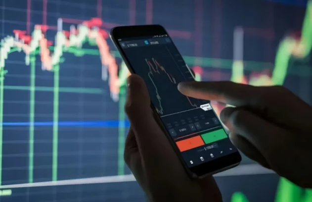 mão segurando um smartphone com gráfico de mercado financeira na tela, ao fundo uma tela com mais um gráfico financeiro