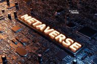 Placa de circuito detalhada com a palavra 'METAVERSE' iluminada no centro.