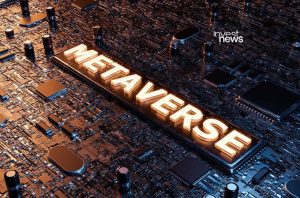 Placa de circuito detalhada com a palavra 'METAVERSE' iluminada no centro.