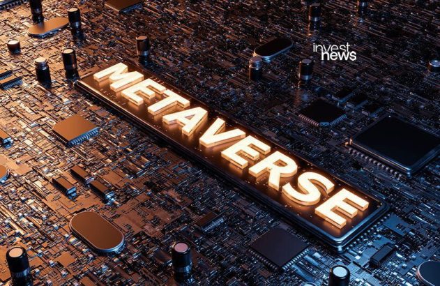 Placa de circuito detalhada com a palavra 'METAVERSE' iluminada no centro.