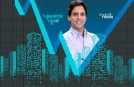 Apresentador sorrindo em fundo com gráfico de mercado, prédios e logos Analistas em Ação/Invest News.