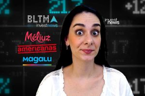 Mulher de olhos arregalados, com logos de Méliuz, Americanas, Magalu e dados financeiros ao fundo.