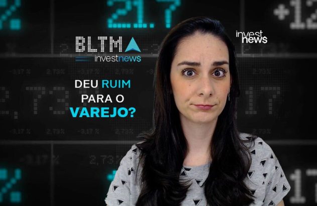 Mulher com olhos arregalados e expressão preocupada, em frente a dados de bolsa. Texto Investnews: "Deu ruim para o varejo?".