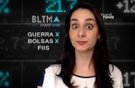 Mulher com expressão surpresa diante de tela c/ "Guerra X Bolsas X FIIS" e dados financeiros. Logo InvestNews.
