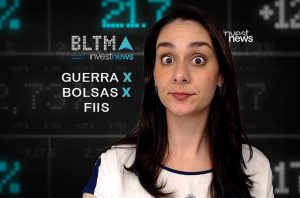 Mulher com expressão surpresa diante de tela c/ "Guerra X Bolsas X FIIS" e dados financeiros. Logo InvestNews.