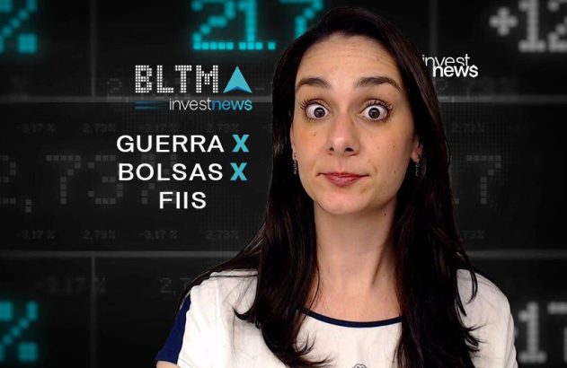 Mulher com expressão surpresa diante de tela c/ "Guerra X Bolsas X FIIS" e dados financeiros. Logo InvestNews.