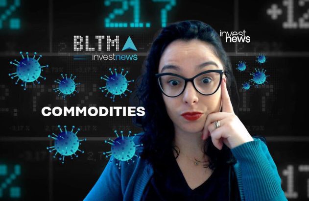 Mulher surpresa pensa sobre o impacto de vírus em commodities, com gráficos de mercado ao fundo.