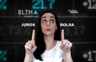 Mulher apontando para 'JUROS' (esquerda) e 'BOLSA' (direita), com fundo de dados financeiros.