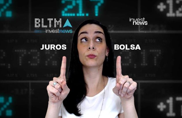 Mulher apontando para 'JUROS' (esquerda) e 'BOLSA' (direita), com fundo de dados financeiros.