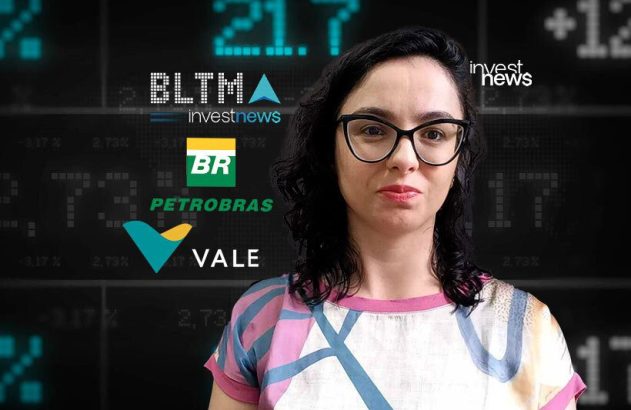Mulher em frente a tela digital com dados financeiros e logos (Petrobras, Vale, Investnews).