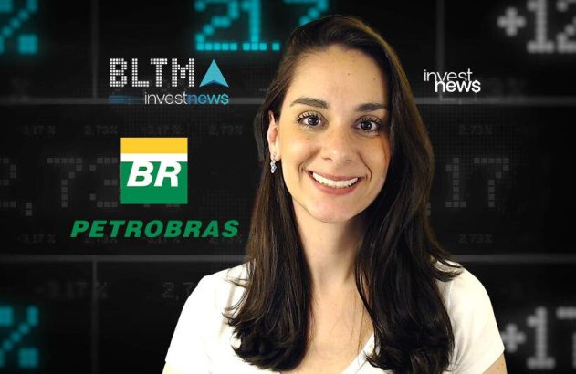 Apresentadora sorrindo em frente a painel com logos financeiros (InvestNews, Petrobras) e dados de mercado.