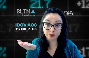 Mulher de óculos, expressão surpresa e mão estendida, em fundo financeiro digital com 'IBOV AOS 117 MIL PTOS'.