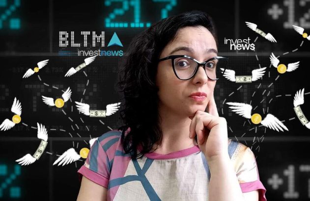 Mulher de óculos pensativa olhando dinheiro e moedas com asas que voam. Fundo de tela com dados financeiros.