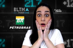 Mulher surpresa com Petrobras e outros logos financeiros em fundo de tela de cotações.
