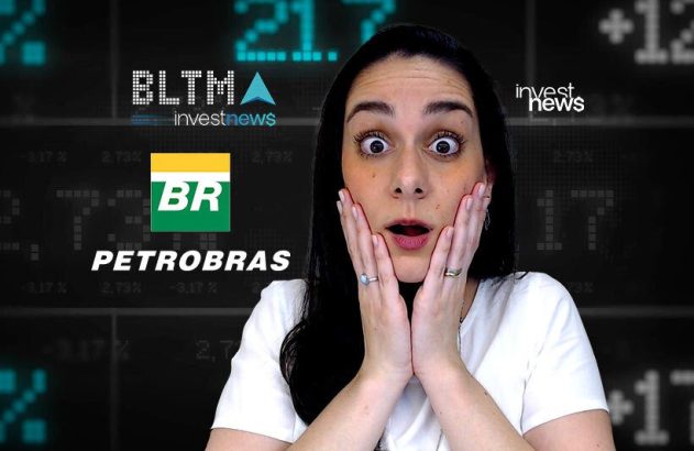 Mulher surpresa com Petrobras e outros logos financeiros em fundo de tela de cotações.