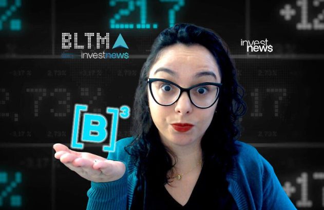 Mulher de óculos, expressão marcante, exibe logo [B]³ flutuando sobre a mão. Fundo digital escuro com dados do mercado financeiro.