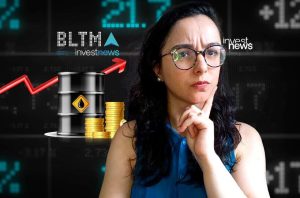 Mulher pensativa analisando gráficos financeiros, barril de petróleo, moedas e seta de alta. Logo Investnews.