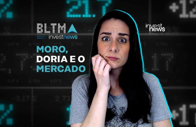 Mulher preocupada. Título: 'MORO, DORIA E O MERCADO'. Fundo com dados financeiros. Logo Investnews.