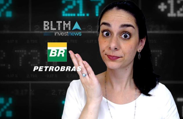 Mulher surpresa gesticula em frente a tela com logos Petrobras, BR e dados financeiros de ações.