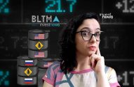Mulher com óculos e expressão pensativa, diante de barris de petróleo (EUA/Rússia) e dados do mercado financeiro.