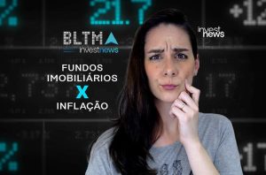 Mulher pensativa com o tema "Fundos Imobiliários X Inflação" e fundo digital financeiro.