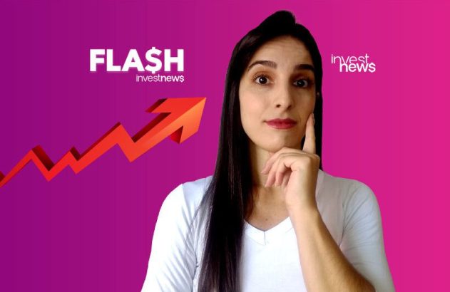 Mulher, mão no queixo, com seta de crescimento e logos 'FLASH investnews' e 'invest news'.