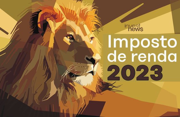 Ilustração de leão dourado poligonal olhando à direita. Texto: Imposto de Renda 2023 (Investnews).