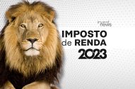 Leão, símbolo do Imposto de Renda no Brasil, com 'IMPOSTO de RENDA 2023' e logo Invest.news.