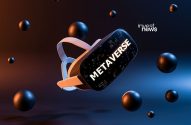 Headset VR flutuando exibindo "METAVERSE", cercado por esferas em fundo gradiente laranja-azul.