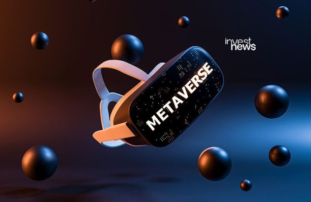 Headset VR flutuando exibindo "METAVERSE", cercado por esferas em fundo gradiente laranja-azul.