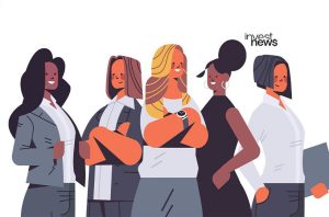 Ilustração: cinco mulheres profissionais diversas, em pé e confiantes.