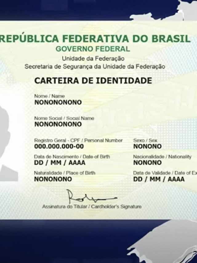 Carteira de Identidade (RG) brasileira com dados fictícios, exibida sobre um mapa do Brasil.