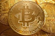 Moedas douradas de Bitcoin. A moeda em primeiro plano exibe o logotipo 'B' e padrões de circuito digital.