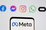 Tela de smartphone com logo e nome Meta. Ao fundo, ícones desfocados de Facebook, Messenger, Instagram e WhatsApp.