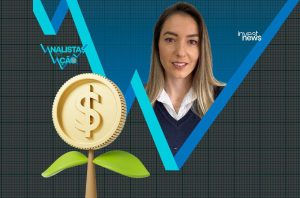 Mulher e moeda dólar crescendo em gráfico. Logos 'Analistas em Ação' e 'Invest News'.