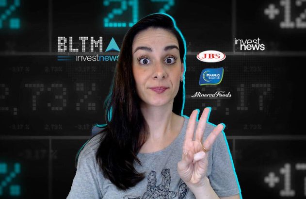 Mulher com expressão de surpresa mostra três dedos. Fundo digital financeiro com logos de JBS, Marfrig e Minerva Foods.