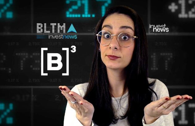 Mulher de óculos gesticula, com expressão interrogativa, diante de painel financeiro com '[B]³' e dados.
