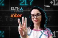 Mulher de óculos mostra três dedos, com tela de dados financeiros e logos investnews, Banco Inter e BLTMA ao fundo.