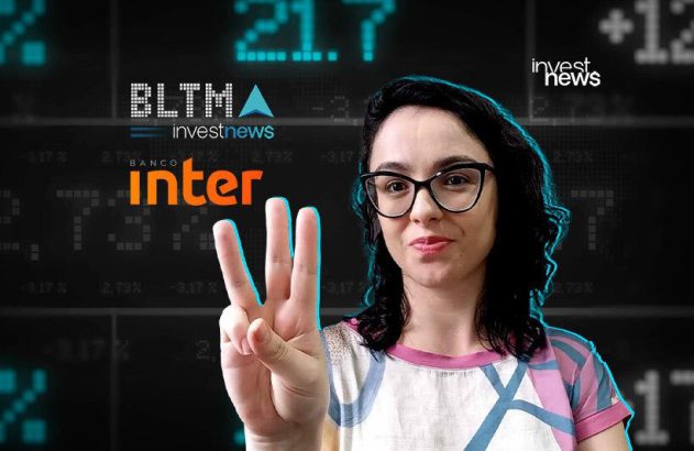 Mulher de óculos mostra três dedos, com tela de dados financeiros e logos investnews, Banco Inter e BLTMA ao fundo.