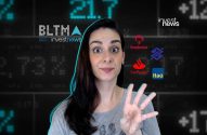 Mulher com 4 dedos, olhando para câmera, com logos de bancos e "investnews" em tela financeira digital.