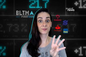 Mulher com 4 dedos, olhando para câmera, com logos de bancos e "investnews" em tela financeira digital.