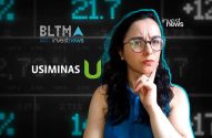 Mulher de óculos pensando, em frente a números do mercado financeiro e logos de investnews, BLTMA, USIMINAS.
