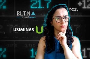 Mulher de óculos pensando, em frente a números do mercado financeiro e logos de investnews, BLTMA, USIMINAS.