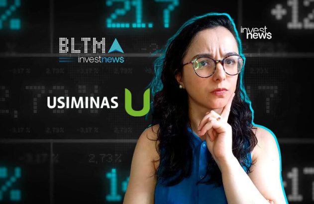 Mulher de óculos pensando, em frente a números do mercado financeiro e logos de investnews, BLTMA, USIMINAS.