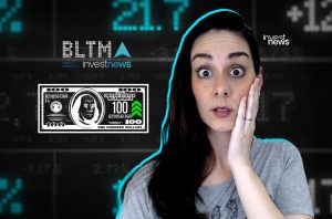 Mulher surpresa diante de tela financeira com logo BLTMA e nota de 100 dólares subindo.