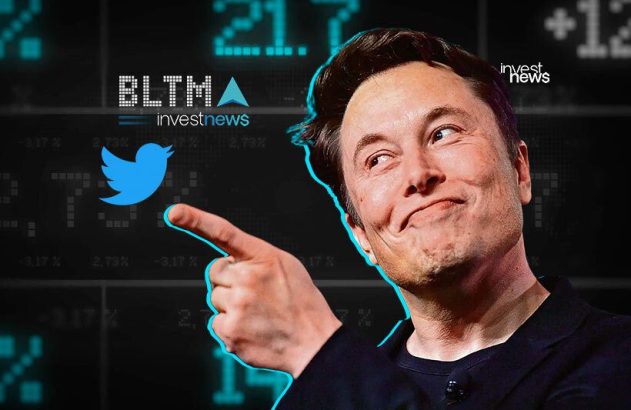 Elon Musk aponta para o logo do Twitter. Ao fundo, tela de mercado financeiro com logos da investnews.
