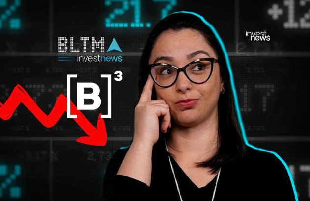 Mulher de óculos pensativa observa painel financeiro em queda com logo Investnews.